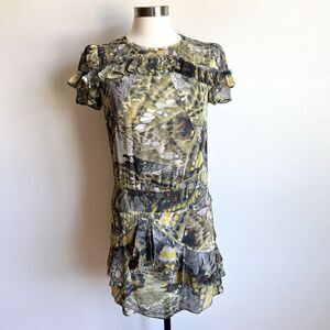 Skaist Taylor Dress Women's Small Green Silk Elastic Ruched Mini Ruffle Dress